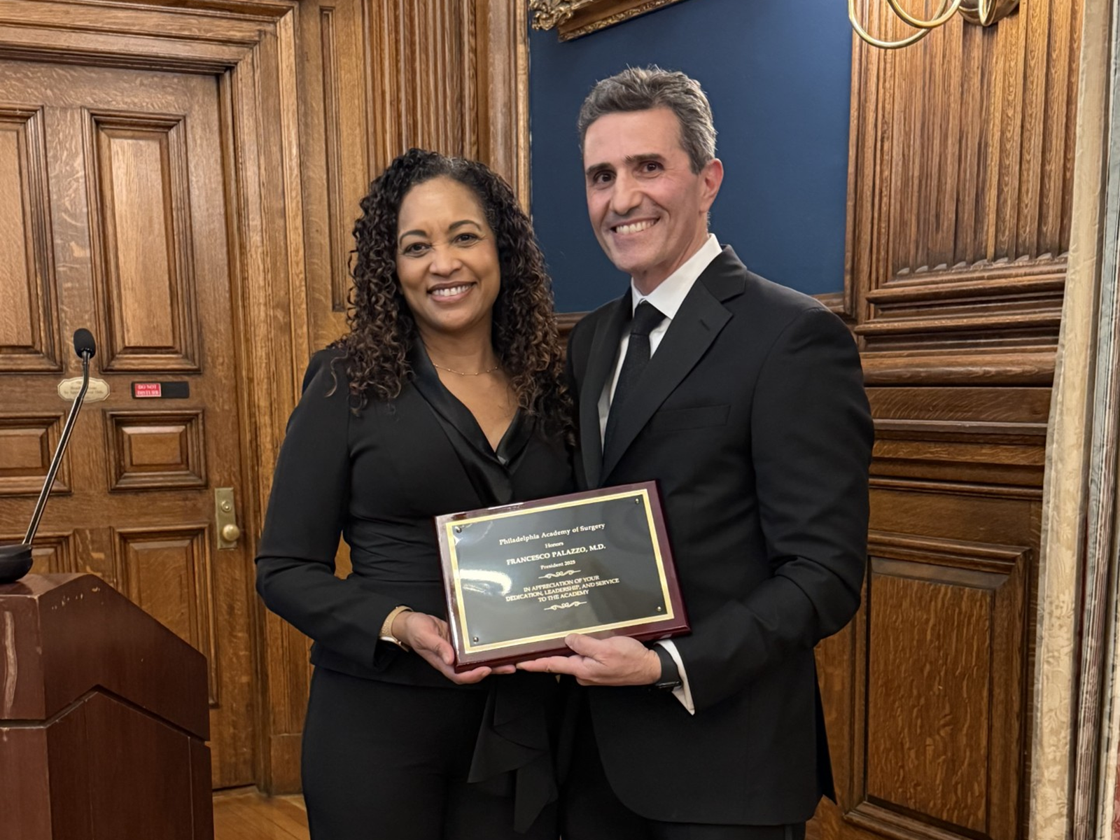 Philadelphia Academy of Surgery - Dr. Reid honors outgoing President, Dr. Palazzo for his service to the Academy on behalf of all the Fellows of the Academy.